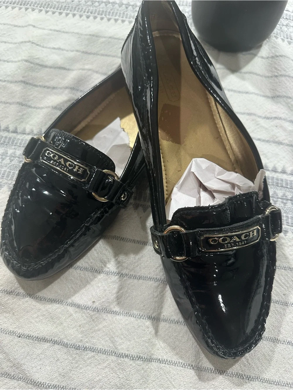 Coach Vintage Faye Black Patent Leather Logo Bit Loafers Sz 10